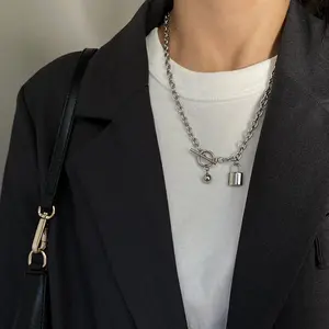 Titanium Steel Lock & Ball Toggle Necklace, Silver Tone Unisex Chain