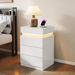Nightstand with Built-In Charging Station and LED Lighting, 3-Drawer Sliding-Top Modern Bedside Table, WhiteWooden End Table