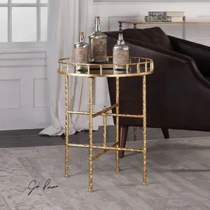 Modern Round Accent Table Set of 2, 25.75" Tall Gold Iron Frame Side Table with Mirrored Tray Top, Luxury End Table for Living Room Bedroom