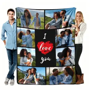 Personalized Couple Blanket Lightweight Air Conditioning, Grid Photo Collage With I Love You Vintage Heart Flannel Throw, Valentine's Birthday Gift For Girlfriend Boyfriend