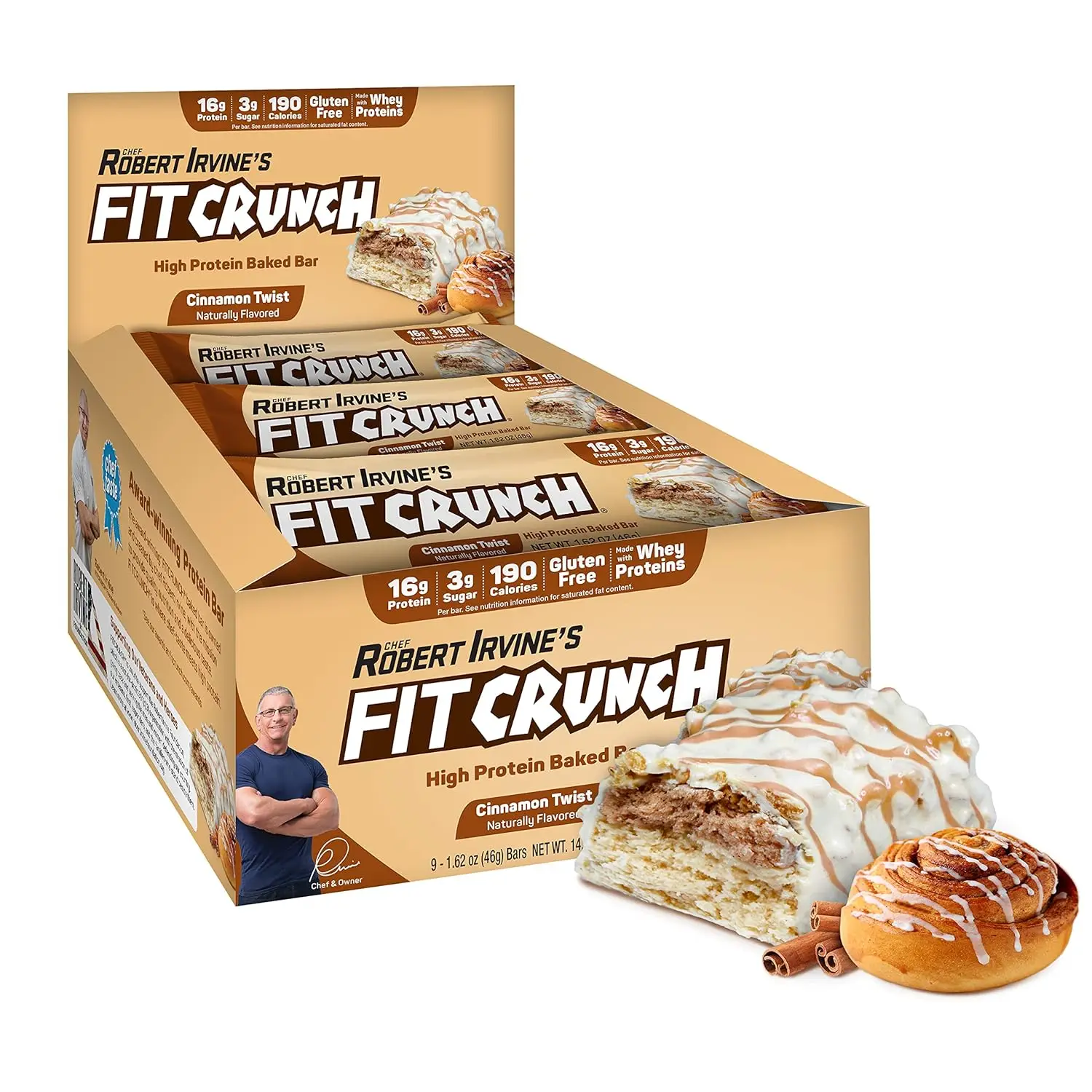 FITCRUNCH Snack Size Protein Bars, Designed by Robert Irvine, 6-Layer Baked Bar, Gluten Free & Soft Cake Core (9 Count, Cinnamon Twist)