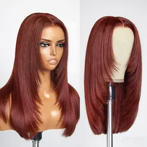 [Exclusive Deal] OQ HAIR Reddish Brown Color Layered Cut Silk Straight Glueless Wig Pre Cut 7x5 Lace Wear Go Wig Bleached Knots