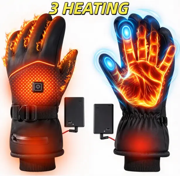 Sports Heated Gloves - Zipper Cuff, 1-Button Independent Switch, 3 Adjustable Heat Levels, Touchscreen Fingertips for Phone Use, Non-Slip Palm Texture, Easy to Wear, 3 Heat Levels