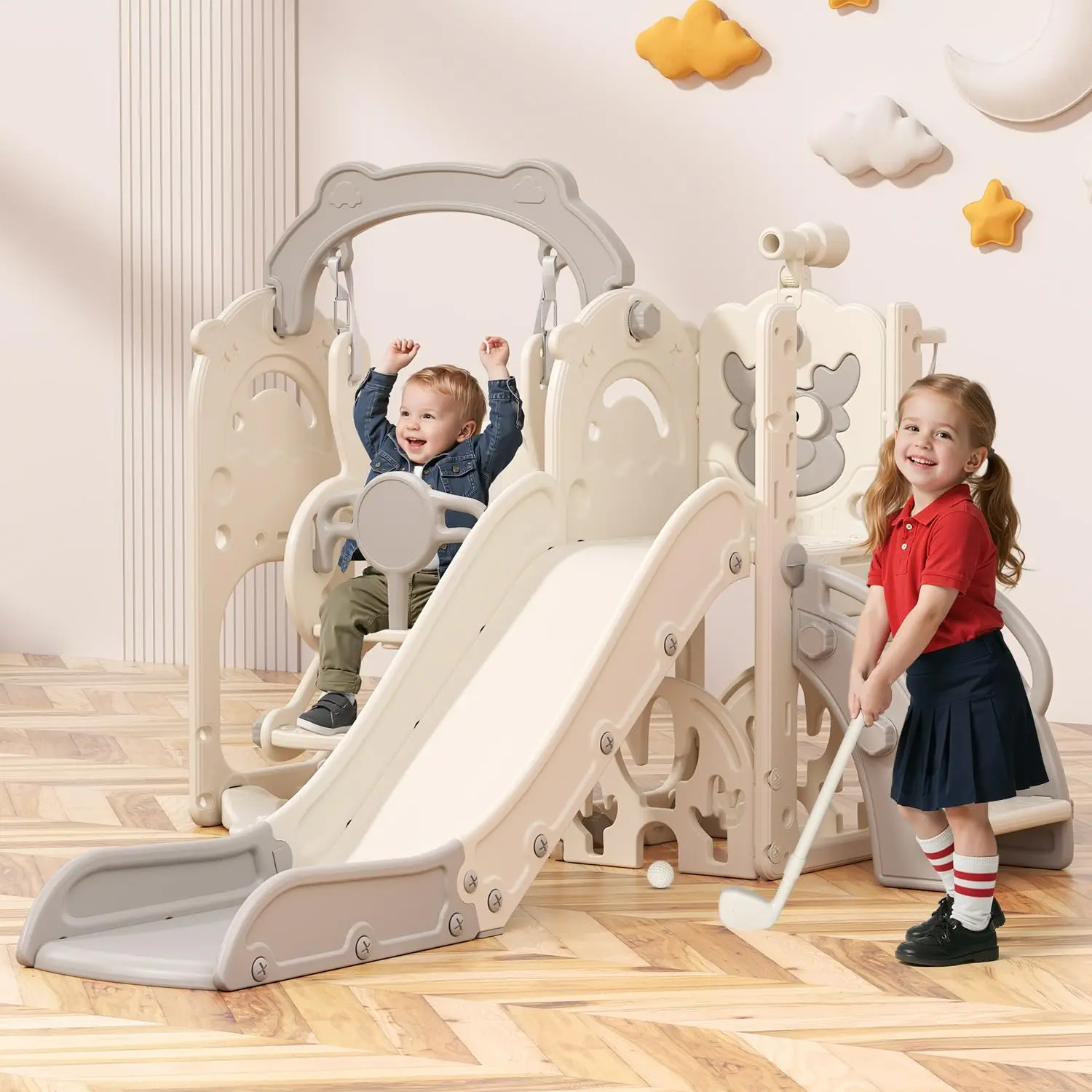 BIERUM 7-in-1 Durable Toddler Slide Playset - Unisex Indoor-Outdoor Sports Playground Equipment with Climber, Basketball Hoop, Golf Toys, Suction Cups for Ages 1+ (Ideal for Holidays), Golf Game