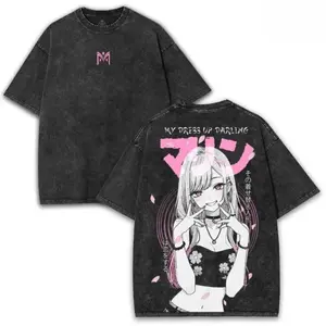 Men's Marin Kitagawa My Dress-Up Darling Oversized 230GSM Soft Seamless Printed Shortsleeve Cotton Apparel, Crew Neck T-Shirt with Pink Sakura Anime Back Art, Streetwear Christmas Gift