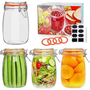 32 oz Wide Mouth Mason Jars with Airtight Hinged Lids, Large Glass Jar with Lid for Pickling, Fermentation, Canning, Food Storage – Set of 4 Glass Storage Containers