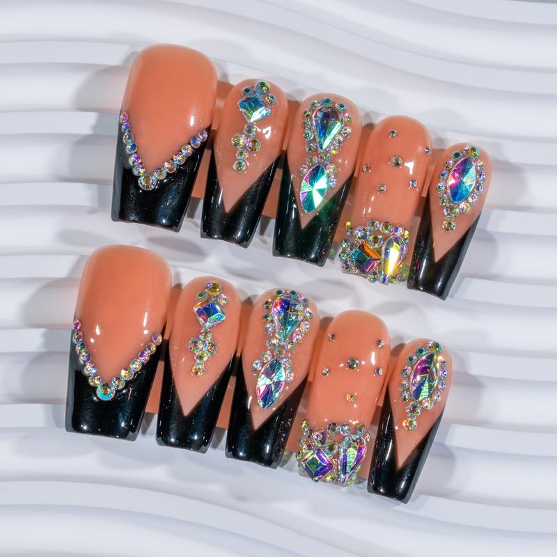 LikeTeTe  Sparkling Rhinestone salon Nails – French Tips with Chunky Crystals | Festival & Party Nail Set” Reusable Handmade Iridescent Glitter