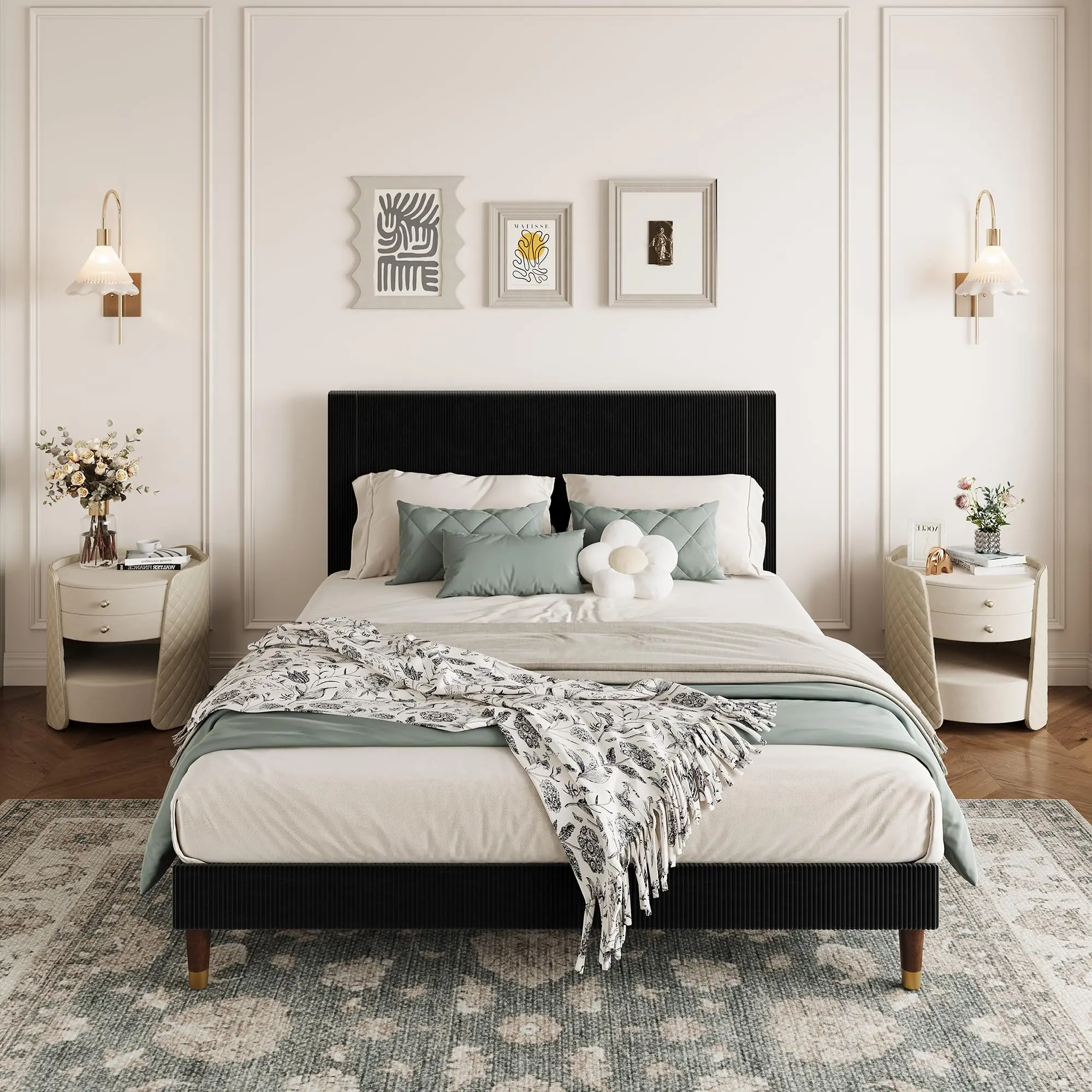 Garvee Full Size Upholstered Bed Frame with Headboard - Black Corduroy, Sturdy Wooden Slats, Metal Support, Noise-Free Design, Modern Low Profile, Easy Assembly, Bedframe, Upholstered Bed Frames