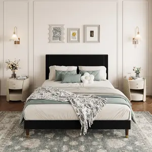 Garvee Corduroy Upholstered Platform Bed Frame with Headboard, Full Size, Black – Features Sturdy Wooden Slats, Metal Support, Noise-Free Design, Modern Low Profile, and Easy Assembly