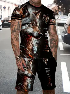 Summer men's sportswear Wolf 3d cool print short-sleeved sportswear fashion suit T-shirt shorts 2-piece casual suit Casual Gym Wear Sports Clothing Set