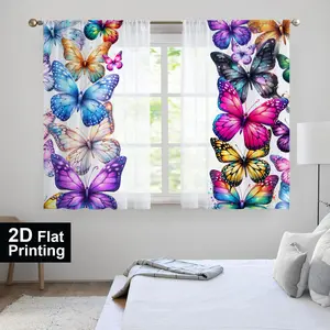 2pcs Colorful Butterfly Sheer Curtains, Short Kitchen Curtain Rod Pocket Thin Fabric, Cafe Half Drapes for Kitchen Bathroom