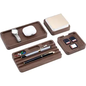 4 count Wooden Desk Organizer Tray With Pen Holder, Walnut  Pencil Holder, Minimalist Desk Accessories, Mens Valet Tray Office Supplies, Stationery Pen Key Wallet Catchall Trays