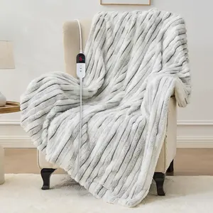 Heated Blanket Throw - 50"x60"  Heating Bed Electric Blankets Throw with 6 Heating Levels & 4 Hours Auto Off, Soft Ribbed Faux  Sherpa, Over-Heated Protection ETL, Light Gray