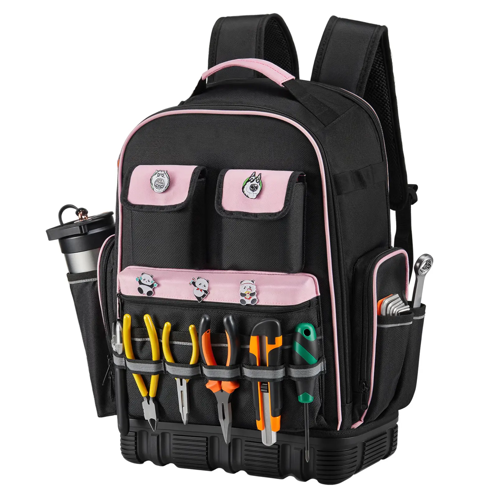 56 Pockets Heavy Duty Tool Backpack with Hard Waterproof Base, Tear Resistant Jobsite Backpack with Reflective Strips for Electricians, HVAC Technicians & Female Tradesworkers