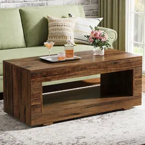 Tribesigns Modern Farmhouse Wood Coffee Table With Storage for Living Room, 43.3" 2-Tier Rectangular Center Table With Sturdy Base, Rustic Brown Finish