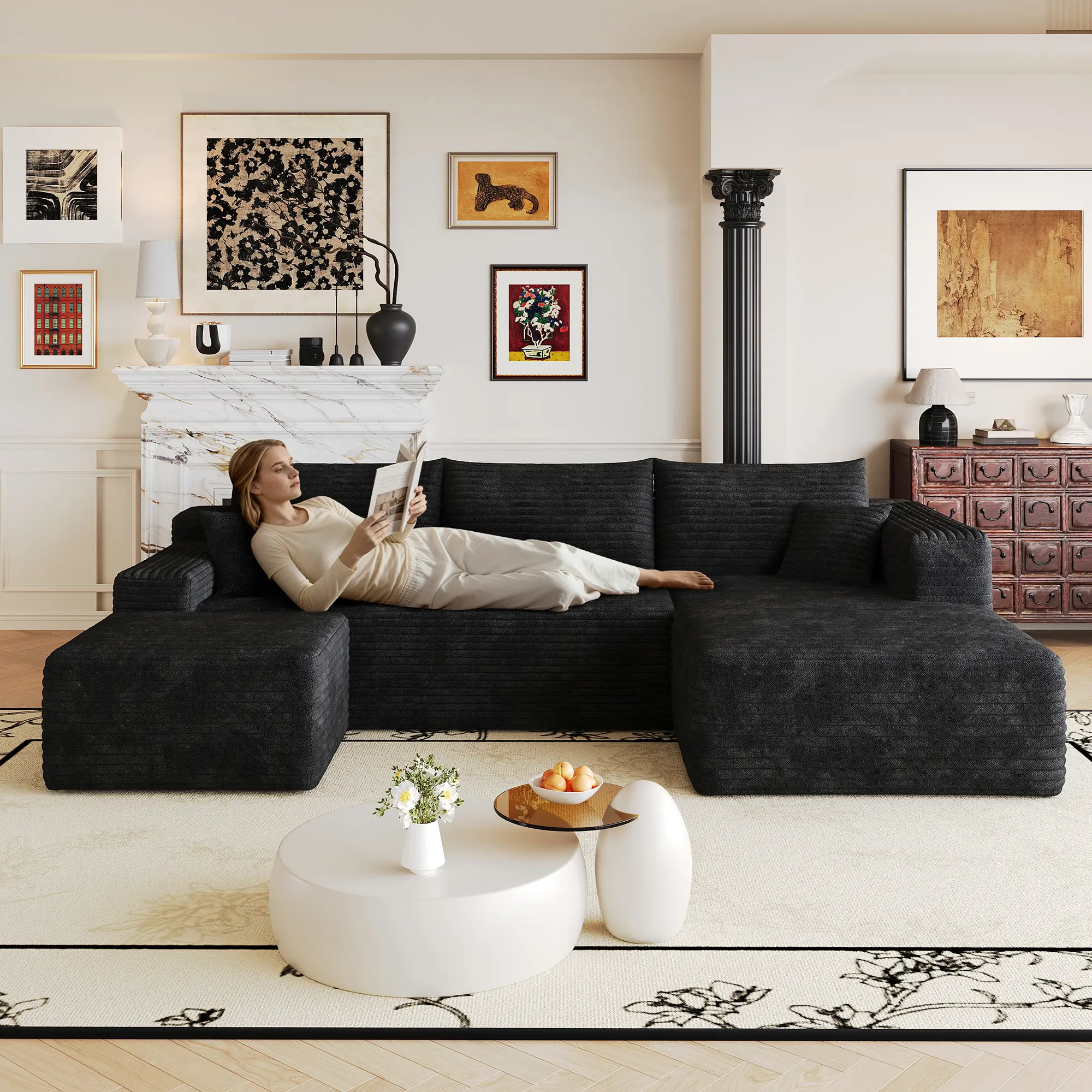 103" Cloud Sectional Sofa, L-Shaped Corner Couch, Plush Corduroy Upholstery, Deep Seat, 4-Seat Living Room Furniture, No Assembly Needed, Black