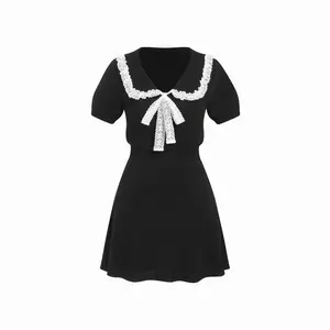Cider Knit Lace Trim Bowknot A-line Mini Dress
