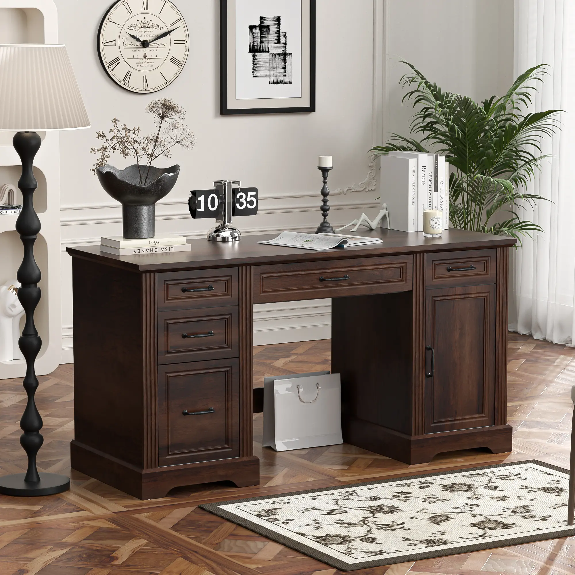 AHB 58" Executive Desk, Home Office Desk with Drawers and Cabinet, Wooden Workstation with Storage, Farmhouse Desk for Writing, Studying, Working Sturdy Computer Desk Stable Tabletop Solid Wood Bookshelf Sit Stand Desk, Sliding Desktop Drawers, Storage Dr