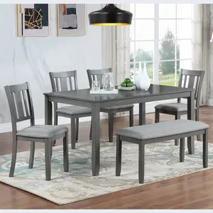 6 Piece Kitchen Dining Table Set for 6, Rectangular Wooden Dining Table with 4 Upholstered Chairs and a Bench, Dining Table Set for 6 People, Living Room, Home Bar and Kitchen, Gray