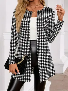 ELI Women's Houndstooth Print Long Sleeve Open Front Jacket, Casual Elegant Outerwear for Spring & Fall, Ladies Clothes for Daily Wear, Womenswear