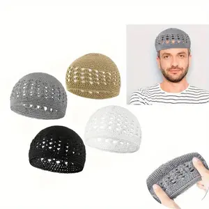 4PCS 6*25 Inch Kufi Hat for Men Knit Kufi Cap Breathable Crochet Skull Beanie, Ideal for Ramadan and Eid Celebrations, Festive Headgear | Stylish Knit Hat | Polyester Fiber Hat Modest Clothing Casual Grey(Sheets)