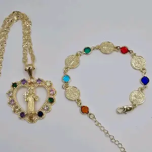 SAINT BENEDICT beautiful set heart chain with bracelet multicolored adjustable gold-plated