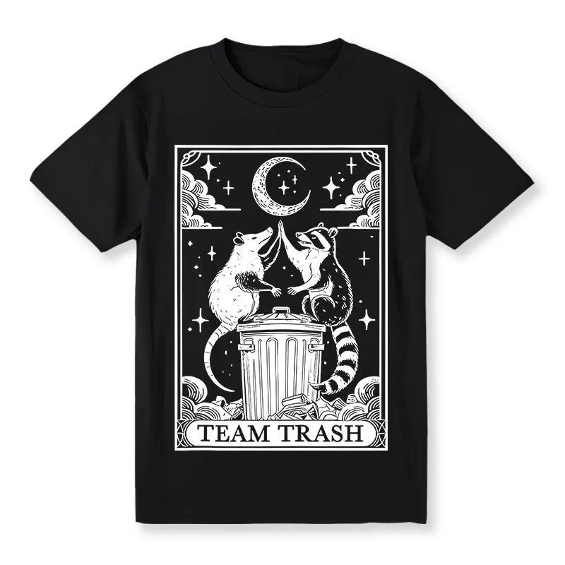Men's 100% Cotton Soft Cozy T-Shirt - Top with Tarot Card, Vintage Team Trash, Crescent Moon, Opossum, Raccoon Prints - Short-Sleeve, Comfortable Fabric, Relaxed Fit, Unisex