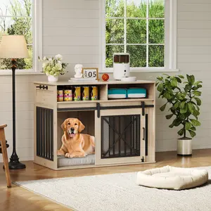 42" Multi-Functional Dog Crate TV Stand – Wooden Double Dog Cage with Storage Drawers, 2 Sliding Barn Doors, End Table and Kennel Furniture for Small to Medium Dogs