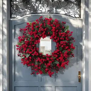 1pc, 48cm/18.9inch Christmas Holly Berry Wreath Large Red Berries Artificial Holiday Decoration for Indoor and Outdoor Use with Pine Leaves, Handmade Festive Wall and Window Decor, Best for Christmas
