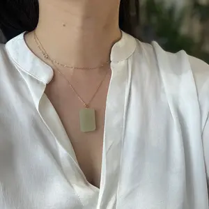 18K Gold Natural Rectangle Jade Pendant with Dainty Chain,  Hetian Nephrite Necklace