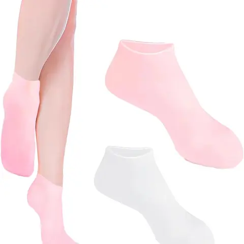 2 Pairs Silicone Socks for Women, Soft Gel Socks, Aloe Socks, Moisturizing Foot Socks, Women's Spa Pedicure Socks for Repairing Dry Feet, Cracked Heels and Softening Rough Skin- Pink & White