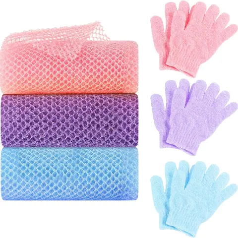 6-Pack African Net Sponge Set - 65*20cm Bath Body Scrubbers (3 Pcs), 19*15cm Exfoliating Mitt Gloves (3 Pairs) for Skin Health, Stress Relief & Beauty Bath Body Care Accessories