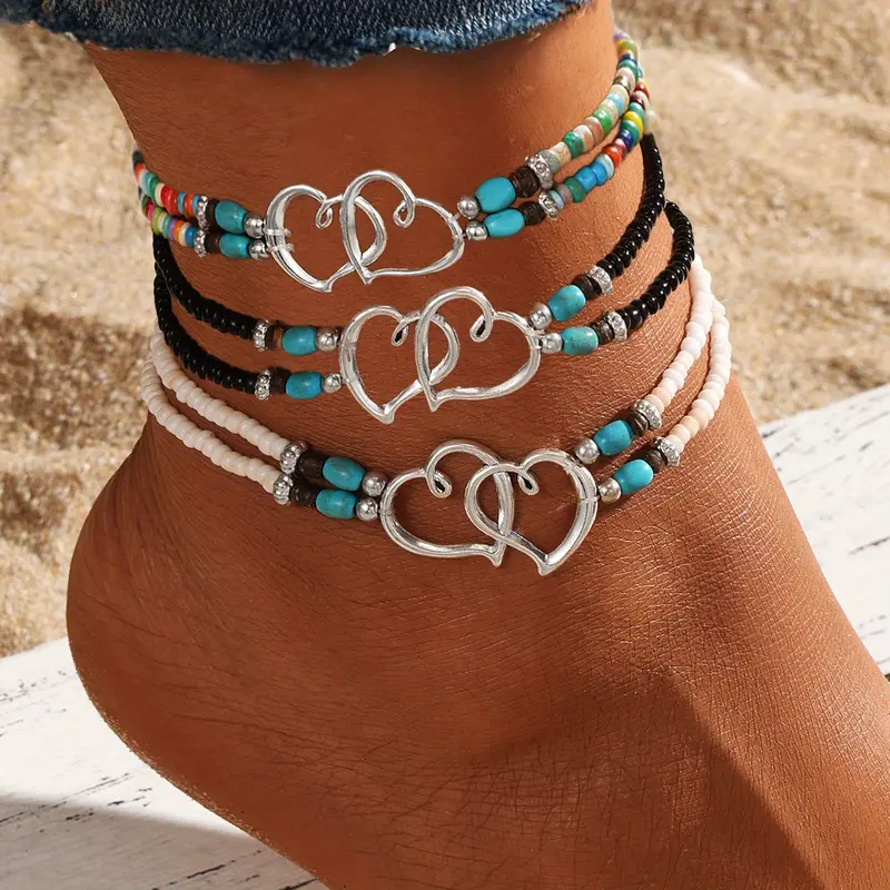 3Pcs Set Fashion Women Bohemia Beaded Heart Charms Multi-layer Anklet, Exquisite Boho Chic Double-Layer Beaded Heart Anklet, Perfect for Summer Vacation, Beach Wedding, Party Jewelry Gift