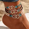 3Pcs Set Fashion Women Bohemia Beaded Heart Charms Multi-layer Anklet, Exquisite Boho Chic Double-Layer Beaded Heart Anklet, Perfect for Summer Vacation, Beach Wedding, Party Jewelry Gift