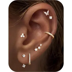 7 Pairs Hypoallergenic Earring Jacket Stack Set for Women, 14K Gold Plated Flat Back Stud & Huggie Hoop Cartilage Jewelry