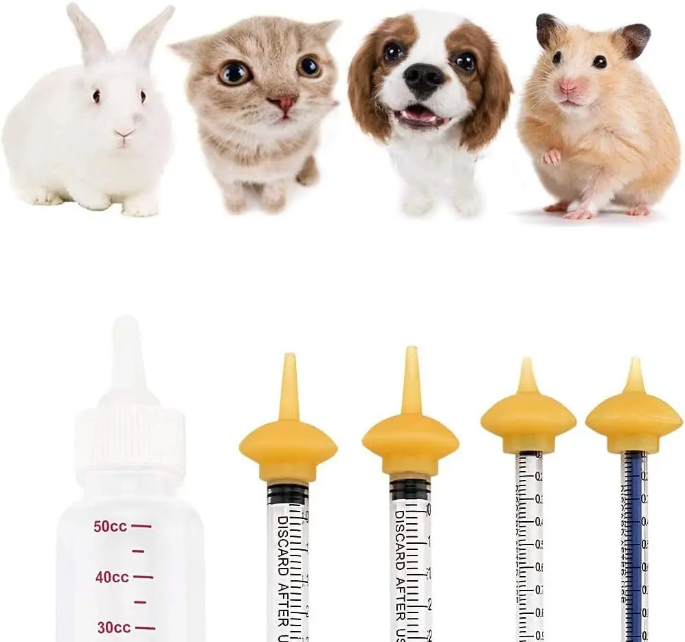 Newborn Small Pet Nursing Supplies Set, 60ml Pet Milk Bottle, Replacement Silicone Nipples, Precision 1ml & 3ml Oral Feeding Syringes with Black Stoppers, Hand Feeding Tool for Kittens Puppies Bunnies Hamsters