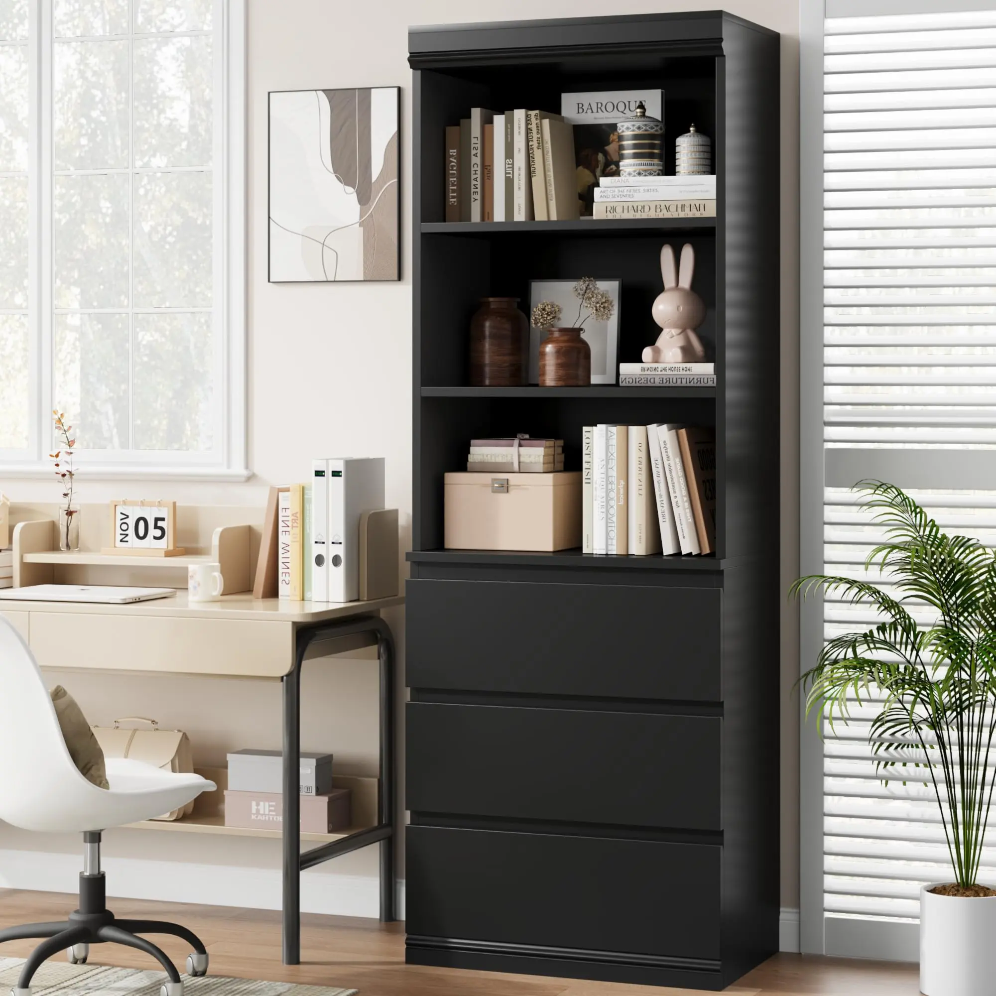 Bookcase with Drawers 70.27 in Tall Bookshelf Farmhouse Bookcases Wooden Deep Bookshelves Storage Cabinet Organizer for Living Room, Study, Black pantry  cabinet tier bookcase