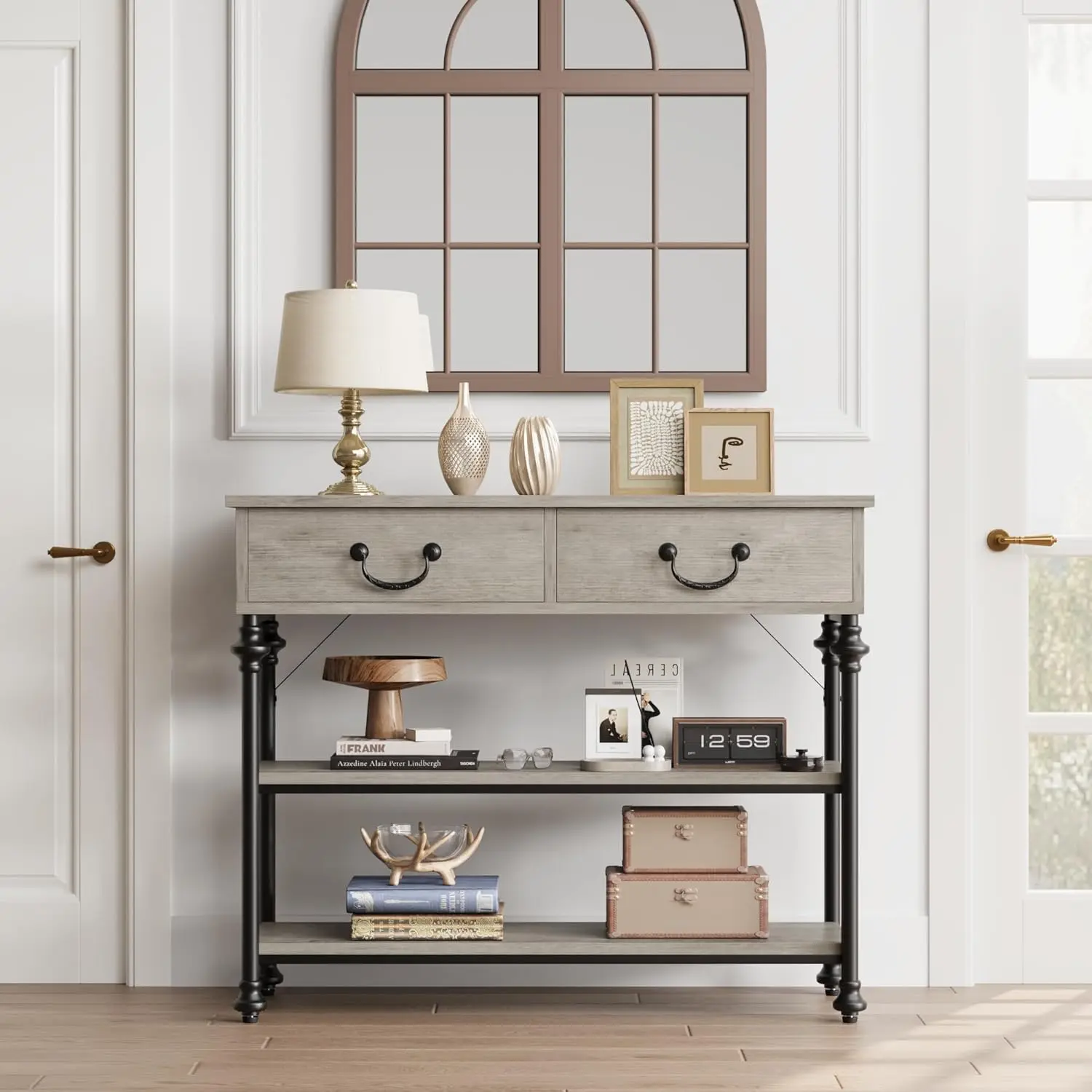 Rustic Gray Compact Narrow Indoor Furniture Table - 2-Drawer Storage, Functional Shelving, Quick Setup for Small Wood Entryway & Rustic Hallway, Rustic Hallway Table