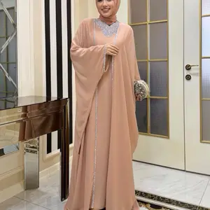 Noor Peach Crystal Trim Abaya Elegant Evening Wear Kaftan | Luxury Modest Maxi Dress | Flowing Batwing Sleeves