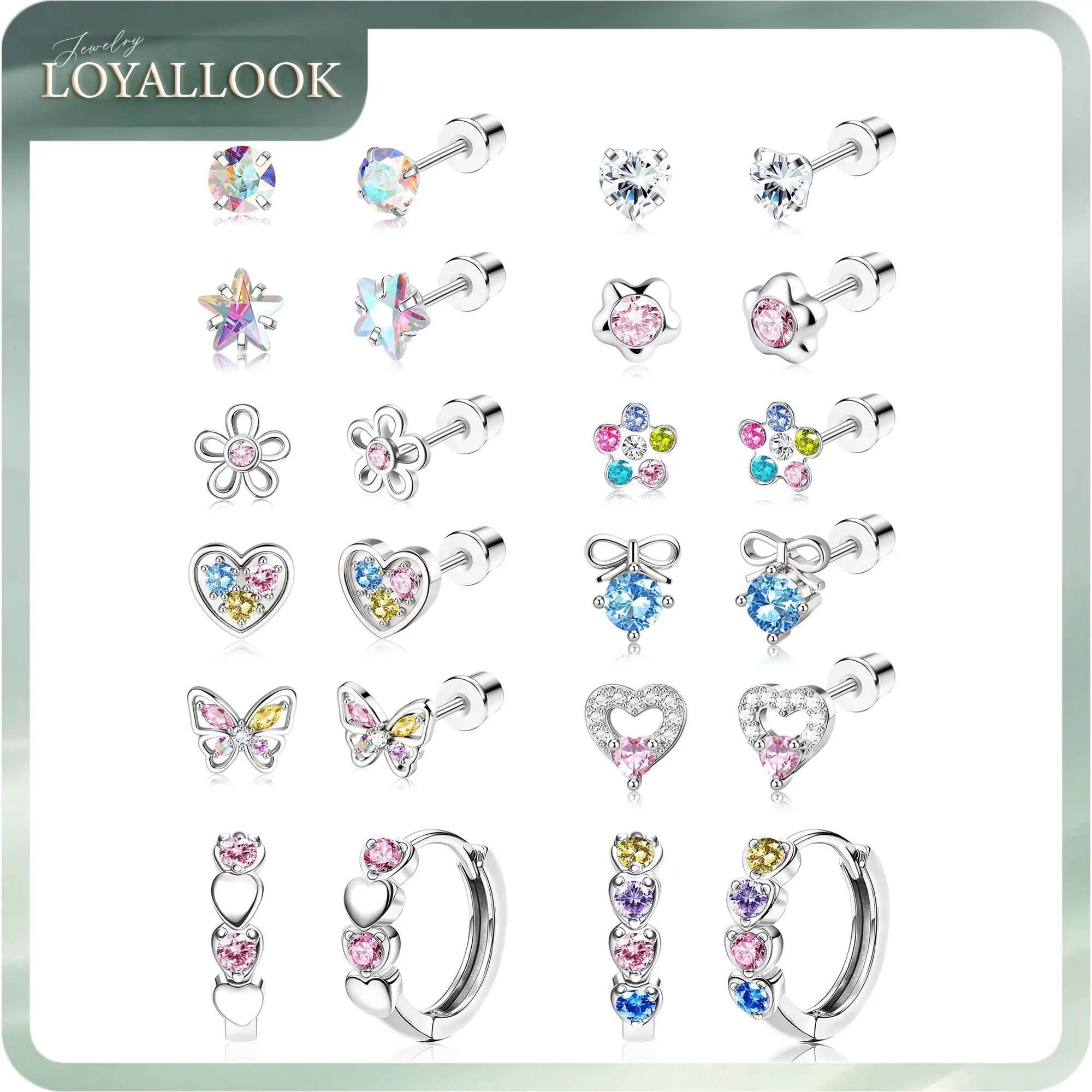 LOYALLOOK Hypoallergenic Surgical Steel Earrings for Women - 12Pairs Screw Back Earrings for Sensitive Ears Cute Stud Earrings Dainty Flower Bow Flat Back Stud Hoop Earring Set