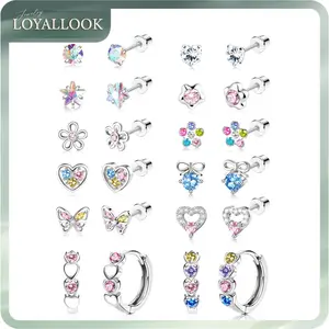 LOYALLOOK Hypoallergenic Surgical Steel Earrings for Women - 12Pairs Screw Back Earrings for Sensitive Ears Cute Stud Earrings Dainty Flower Bow Flat Back Stud Hoop Earring Set