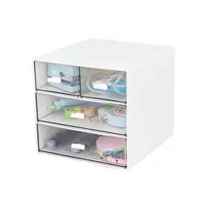 Desk Organizer with 4 Drawers, Clear Plastic Desk Storage Box, Desktop Organization for Office Supplies, Gel Pens, Pencils, Markers, Tape, Erasers, Paperclips, Chargers (White-4 Draws)