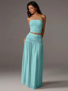 Women's Mesh Solid Color Halter Top and Long Dress Two-Piece Set, Elegant and Comfortable for Daily Wear, Perfect for Summer Style
