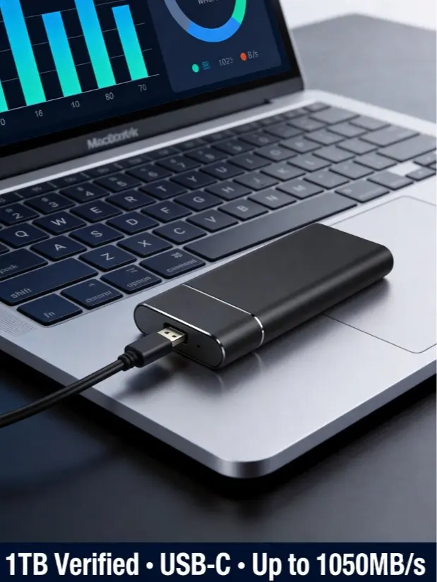 1TB Portable External SSD, Up to 1050MB/s USB-C Solid-State Drive for PC, Mac, iPhone and Gaming — Verified Speed