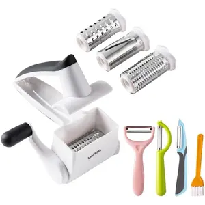 Cheese Grater with 3 Stainless Drums – Manual Hand Crank Parmesan Grater for Cheese, Nuts, Chocolate & Vegetables – Tool Set with 3 and Brush