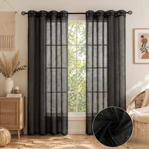 4 Piece Cross Linen Drapes with Bead Embellishment Grommet Top Curtains, 52x84 inch Easy Install, Elegant Home Decoration Window Treatments FT2525, Easy Install Curtain