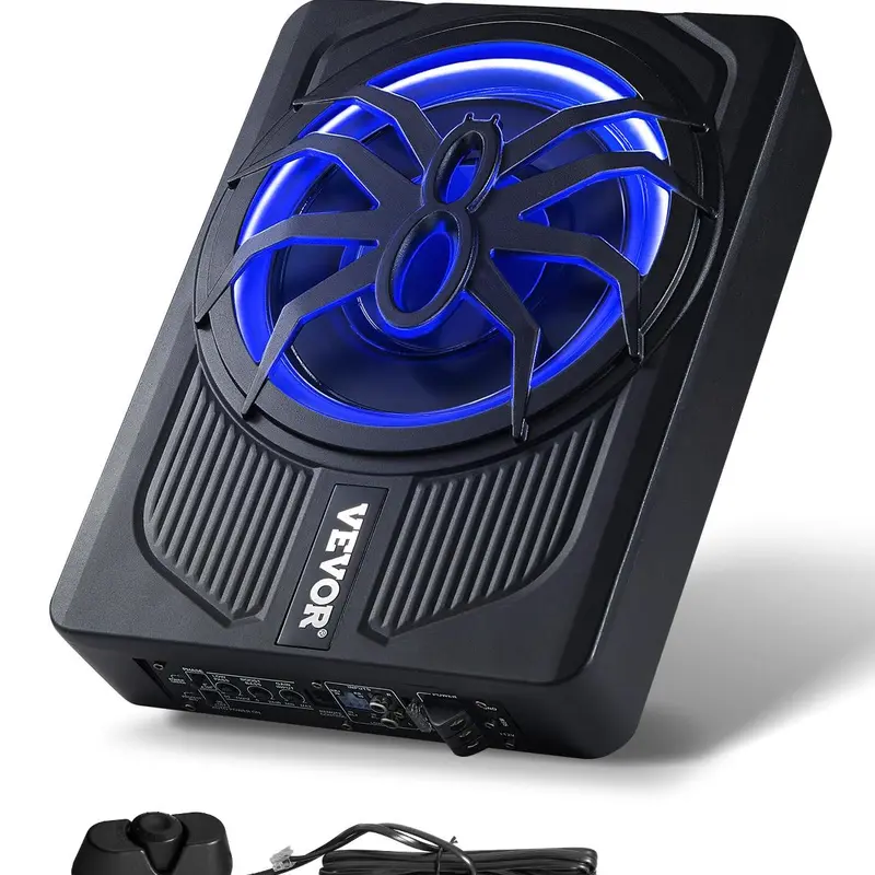 【summerfinds】VEVOR 10 in Subwoofers, 440W Slim Powered Underseat Car Subwoofer with Blue Ambient Light, Built-in Amplifier, Remote Controller, Immersive Sound Quality, Overheating Prevention, High-Level Inputs, Level Converter for Cars, Trucks