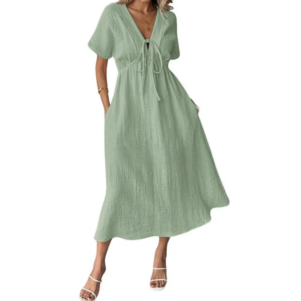 Chouyatou Women's Lightweight Summer Cotton Dress V-Neck Bohemian Casual Loose Short Sleeve Drawstring Beach Dress with Pockets