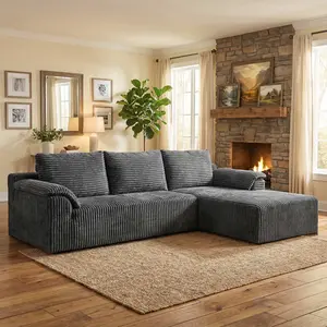 QIMENG 103" Large Size Cloud L-Shape Chaise Modular Sectional Sofas, Modern Deep Seat Couch, Boneless Corduroy Upholstered Indoor Furniture, Black Zone Space Saver Set for Living Room, 2-Package Shipping, No Assembly Required, Grey