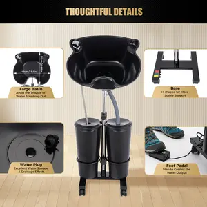 Portable Shampoo Sink Adjustable Height 270° Swivel 2×2.37Gal Buckets 4 Lockable Wheels Hair Washing Station for Salon Home Use Elderly Pregnant Mobile Hair Care Cart
